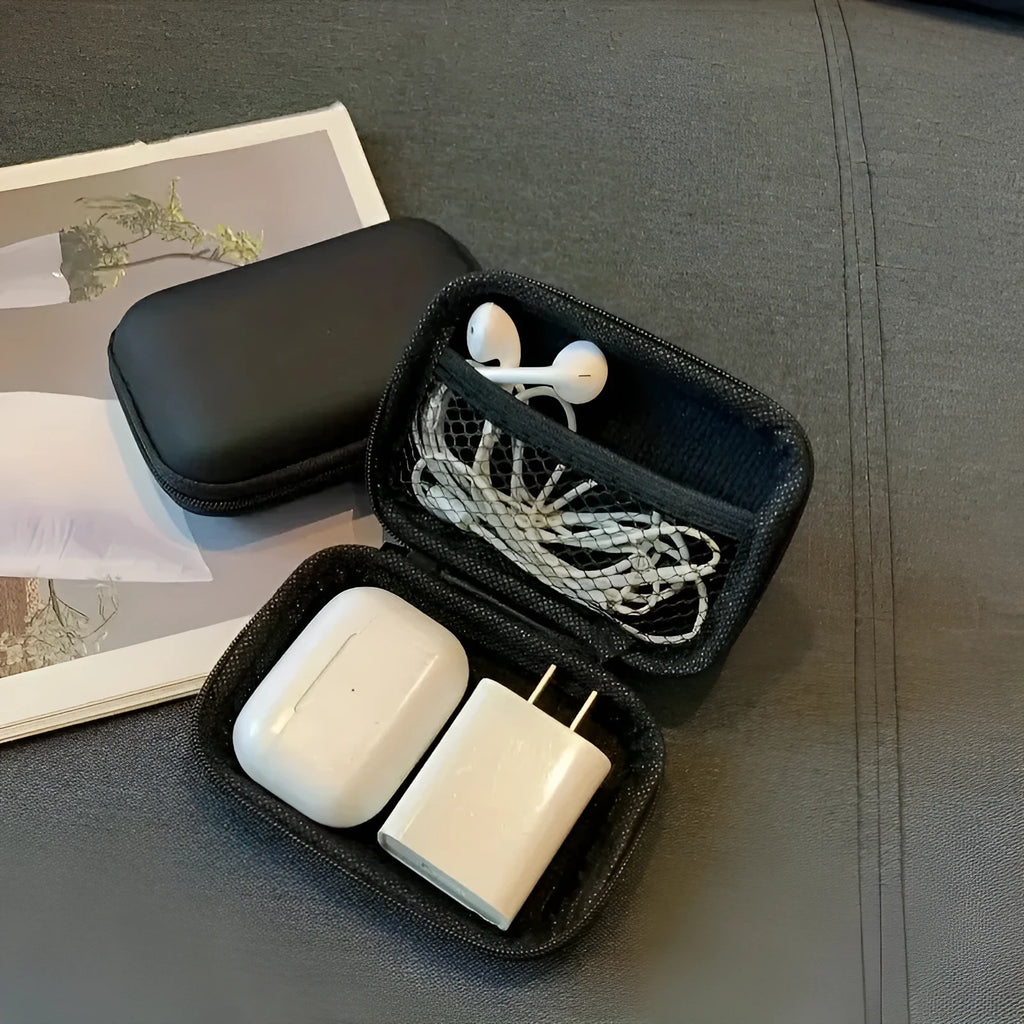 Compact black EVA travel storage box 11x7.5x4cm for headset and cable organisation