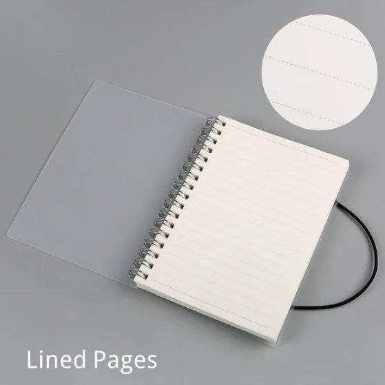 Plastic cover spiral coil notebook with transparent PVC cover, elastic rope closure, and cream paper pages
