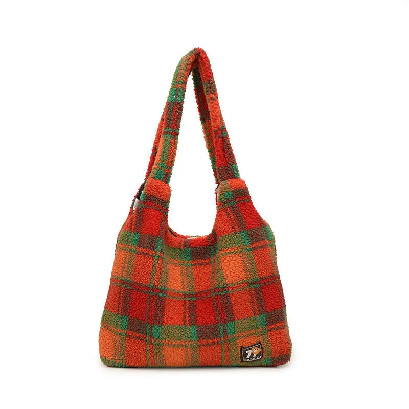 Women's plaid pattern crossbody tote bag in soft plush material with 40x44x9cm dimensions
