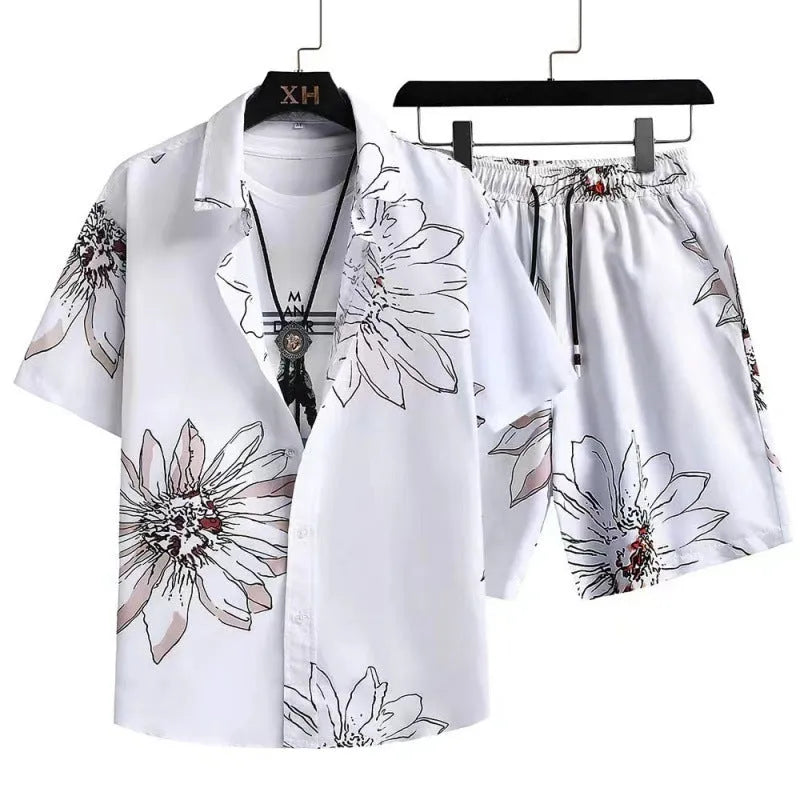 Men's light blue digital print short sleeve cardigan and matching shorts casual suit set