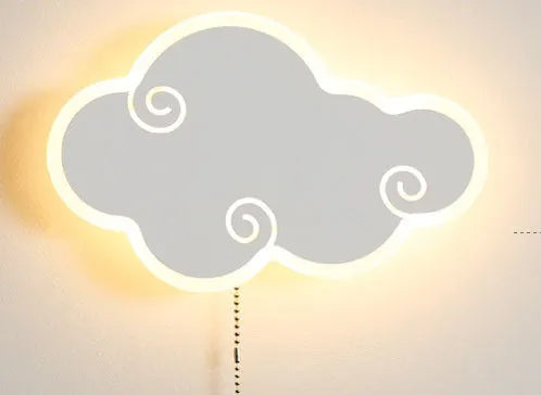 White cloud-shaped children's wall lamp with acrylic cover mounted on a bedroom wall.
