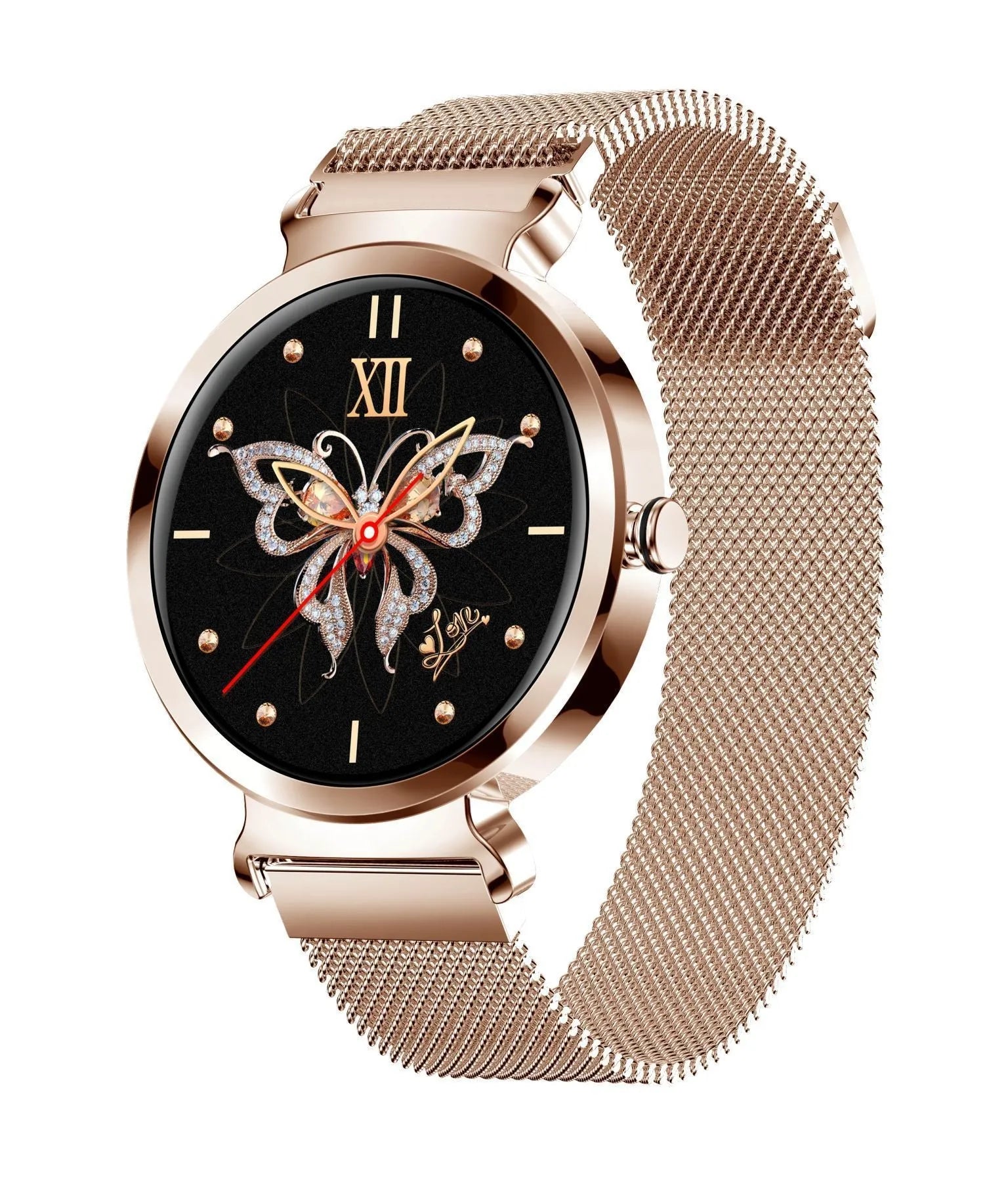 Women's zinc alloy smart bracelet with 1.28-inch screen showing Android iOS compatibility and multiple colour options