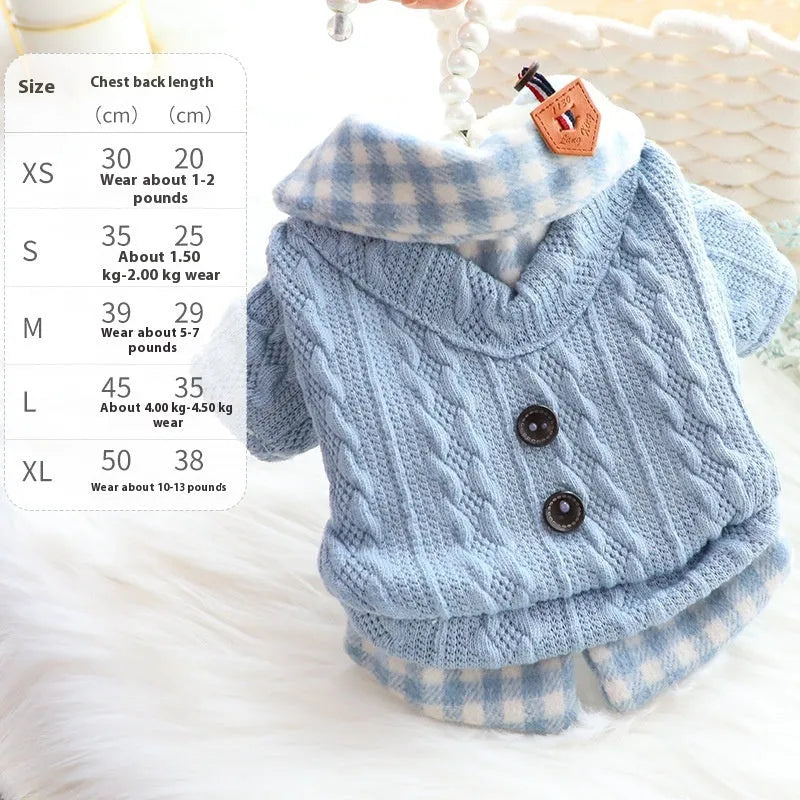 Blue wool plaid dog sweater with fleece lining on a small dog