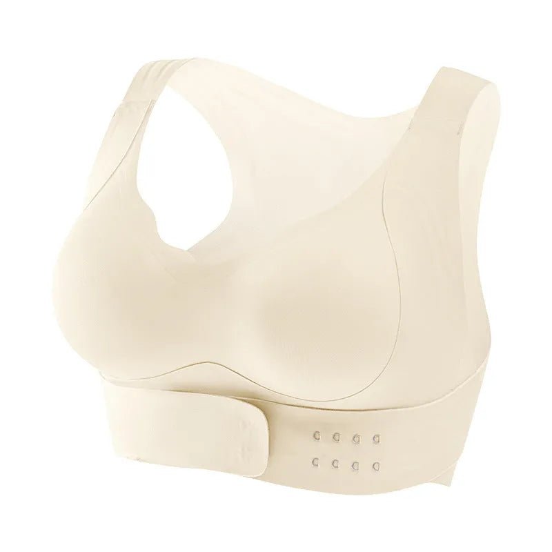 Women's cross design exercise bra with front buckle closure and back shaping in nylon fabric