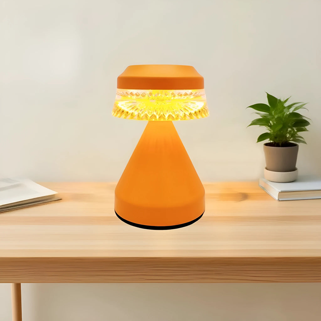 Black USB-powered LED night lamp with dimming control on wooden bedside table