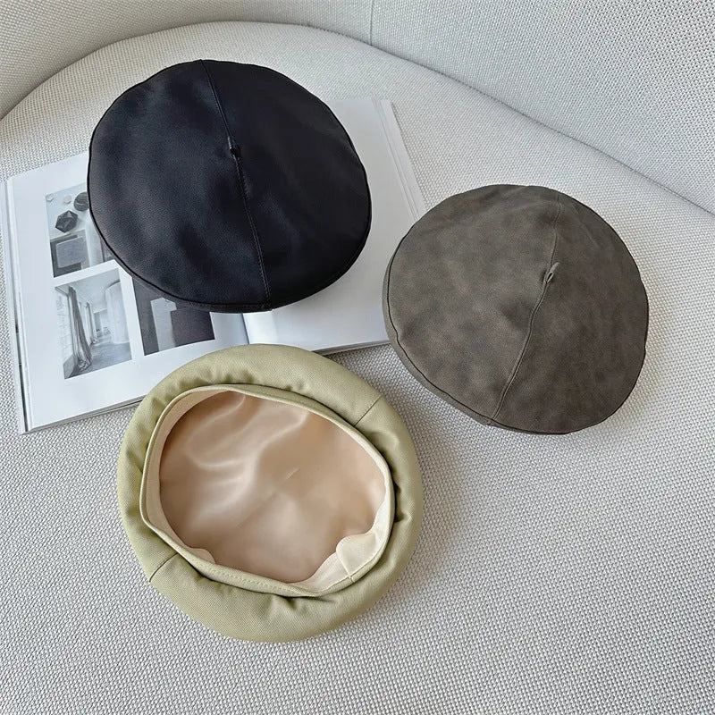 PU beret women's flat top leather hat in army green with satin lining and M size 56-58cm