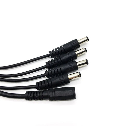 Black 12V DC 4-way power splitter cable with 5.5mm connectors for CCTV camera systems