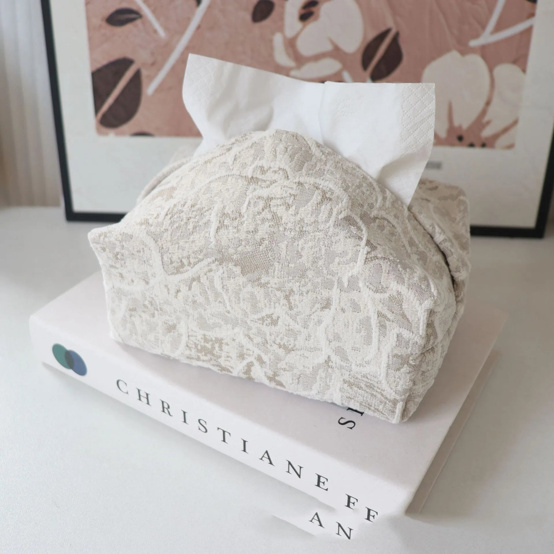 Chinese style pastoral cotton fabric tissue box in beige, blue or brown, 17x11x7cm.