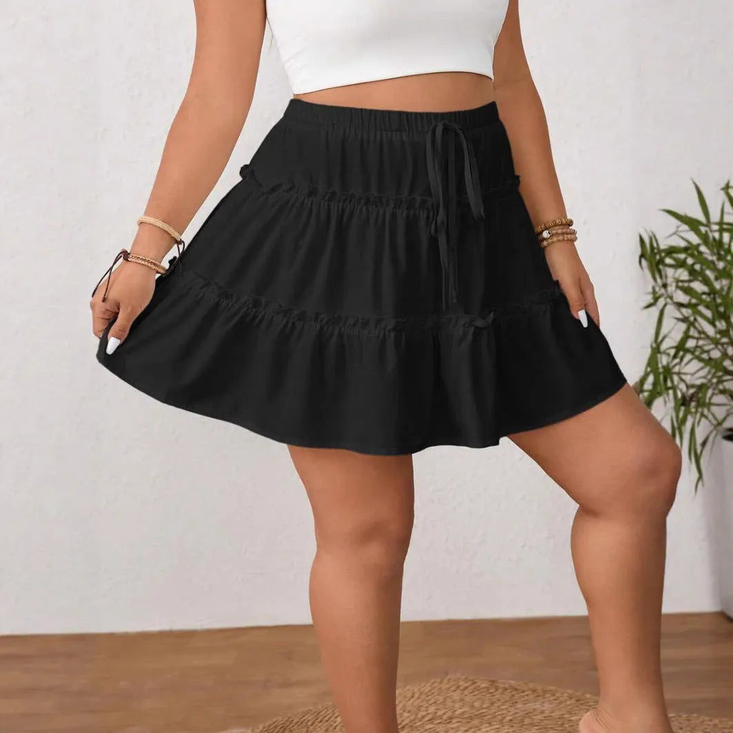 White lace-up front A-line pleated skirt with short length and milk silk sanding fabric