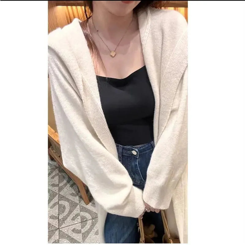 Korean style women's hooded long cardigan in below-the-knee length, loose fit