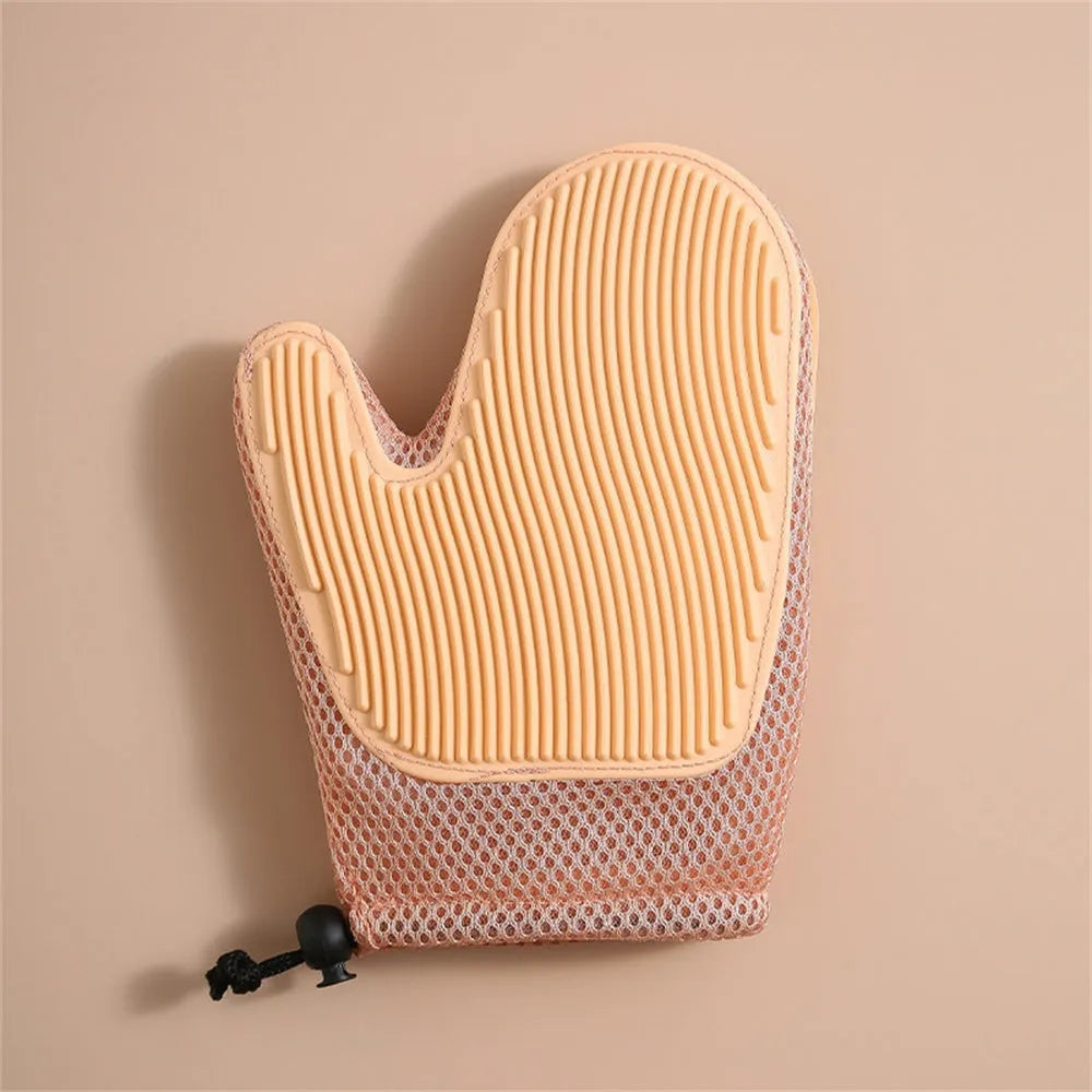 Pet hair removal grooming mitt for cats and dogs showing mesh texture and TPR construction