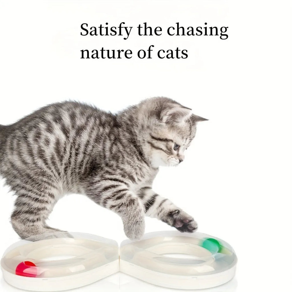 Blue and white interactive cat play station with turntable track, ball, and feather teaser stick.