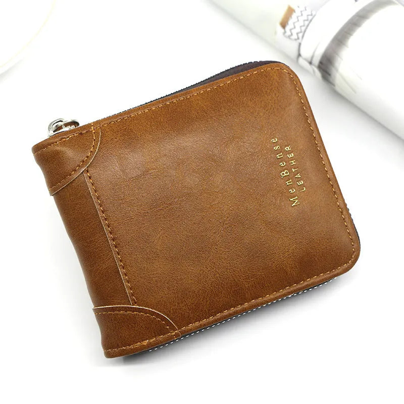 Men's short PU leather zipper coin purse in black with compact design