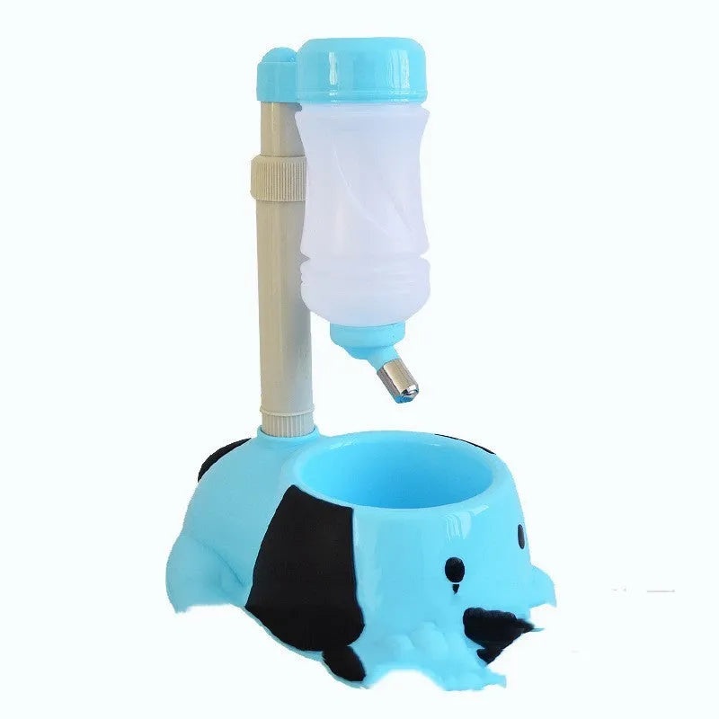 Adjustable rod-lift pet drinking bowl in pink, blue or yellow colours with height adjustment to 42 cm