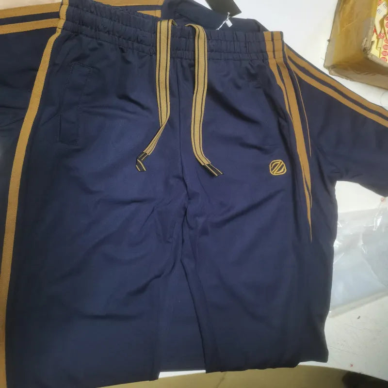Men's blue ice silk style short sleeve suit set with top and pants for sports.