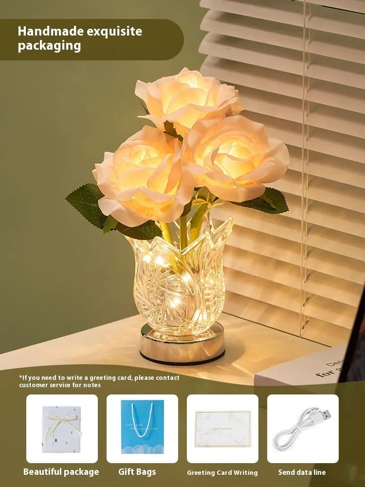Modern crystal flower design bedside lamp with touch dimming control on a wooden table.