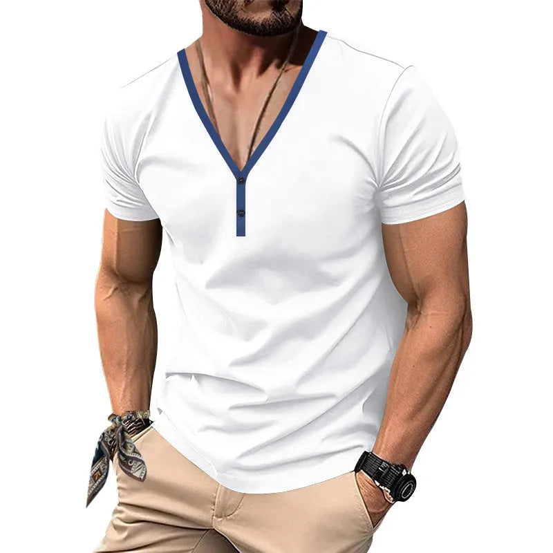 Men's slim-fit V-neck contrast colour Henley short sleeve top in polyester, available in black, white, wine red, gray, denim blue, brown