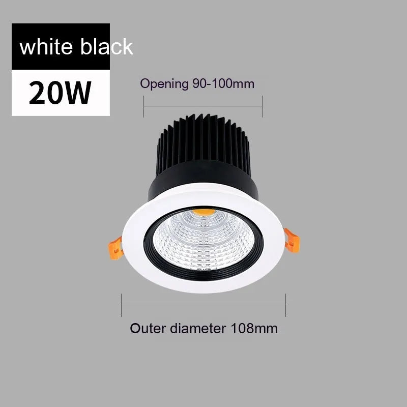 Black aluminium embedded LED ceiling spotlight with anti-glare design showing three colour temperature options
