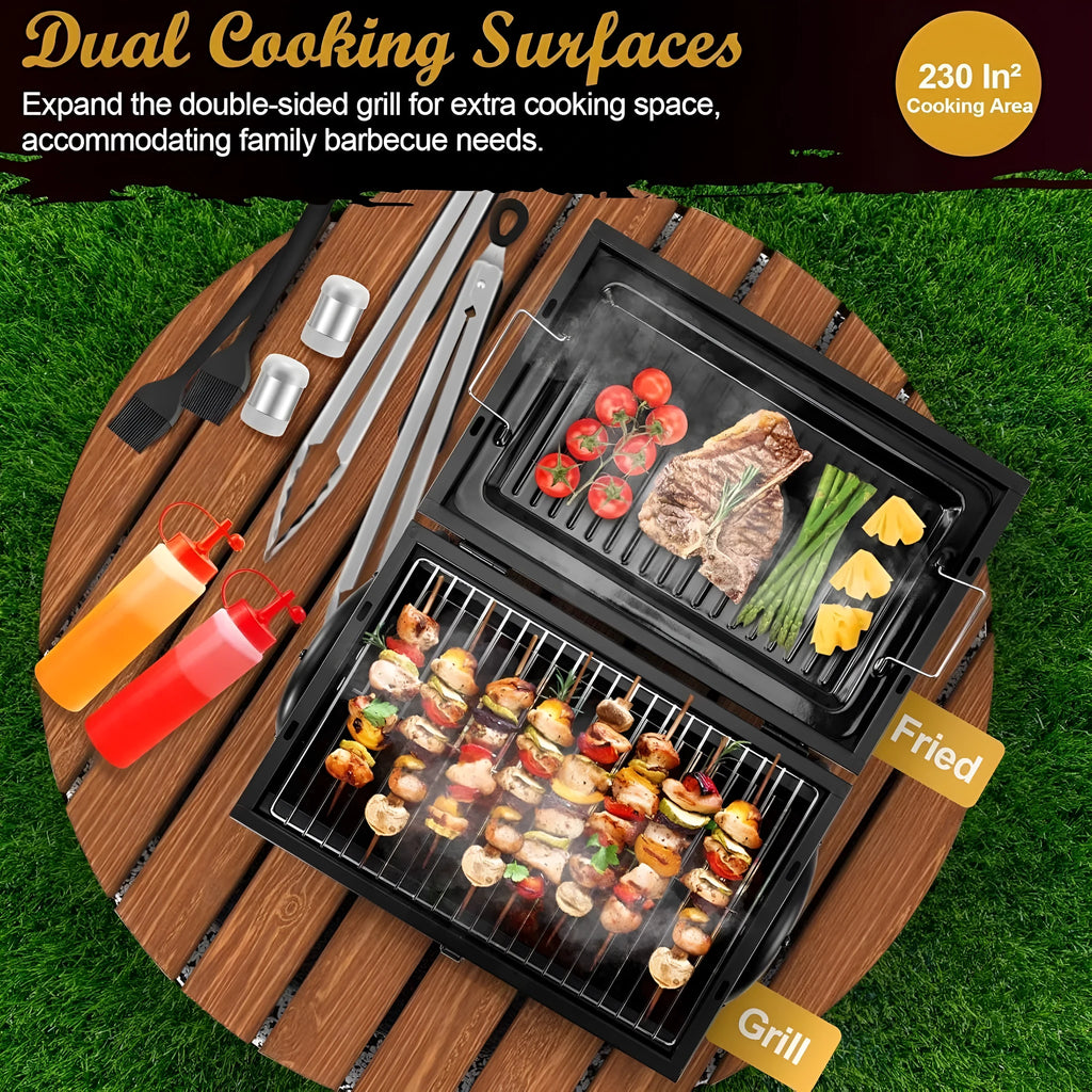 Small folding desktop charcoal barbecue stove with grill, shown in open and closed positions.