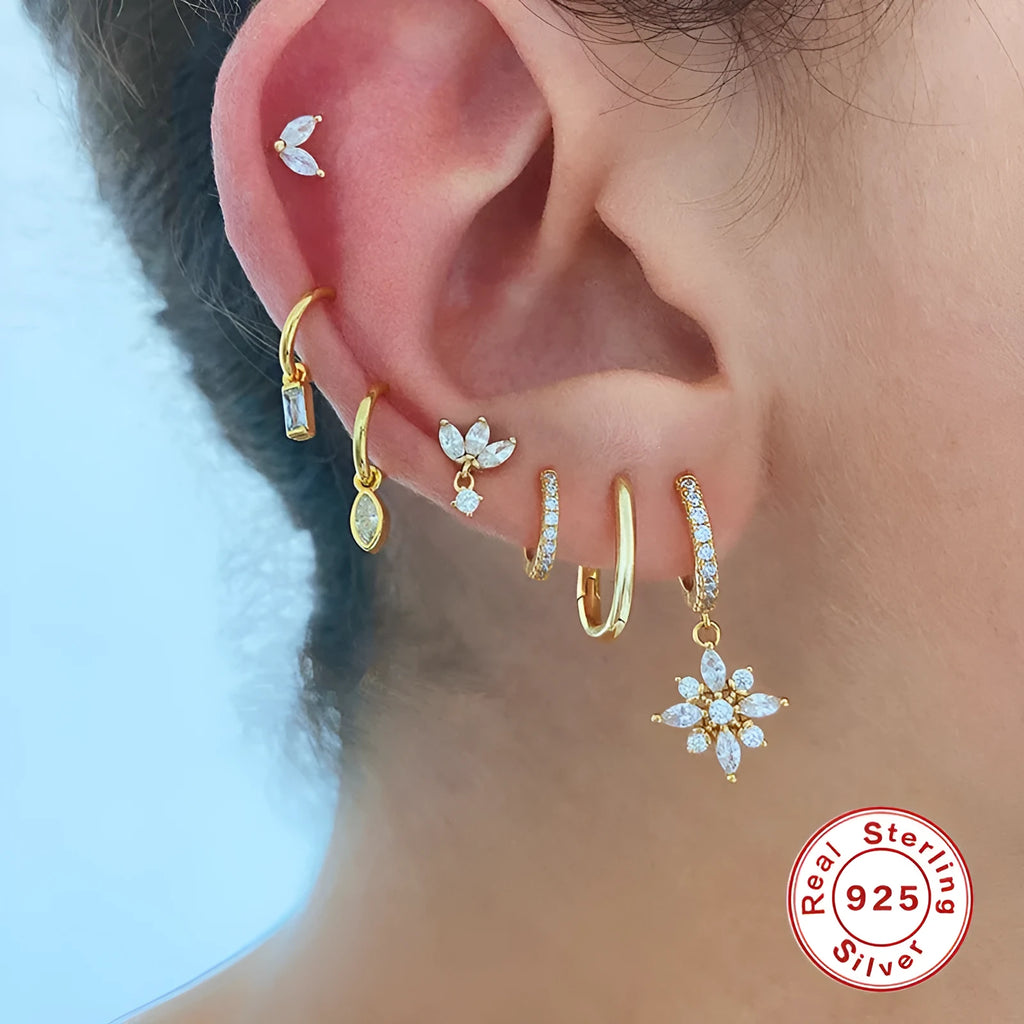S925 sterling silver diamond snowflake pendant earrings in yellow gold and white gold colour options