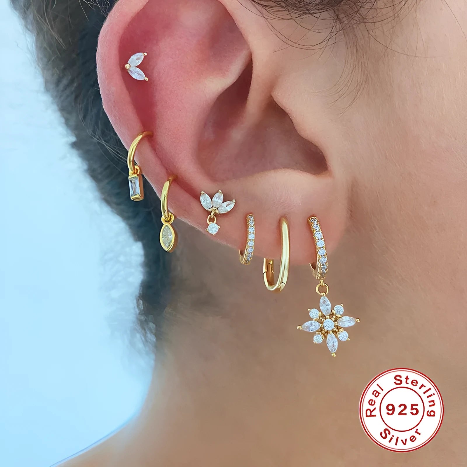 S925 sterling silver diamond snowflake pendant earrings in yellow gold and white gold colour options