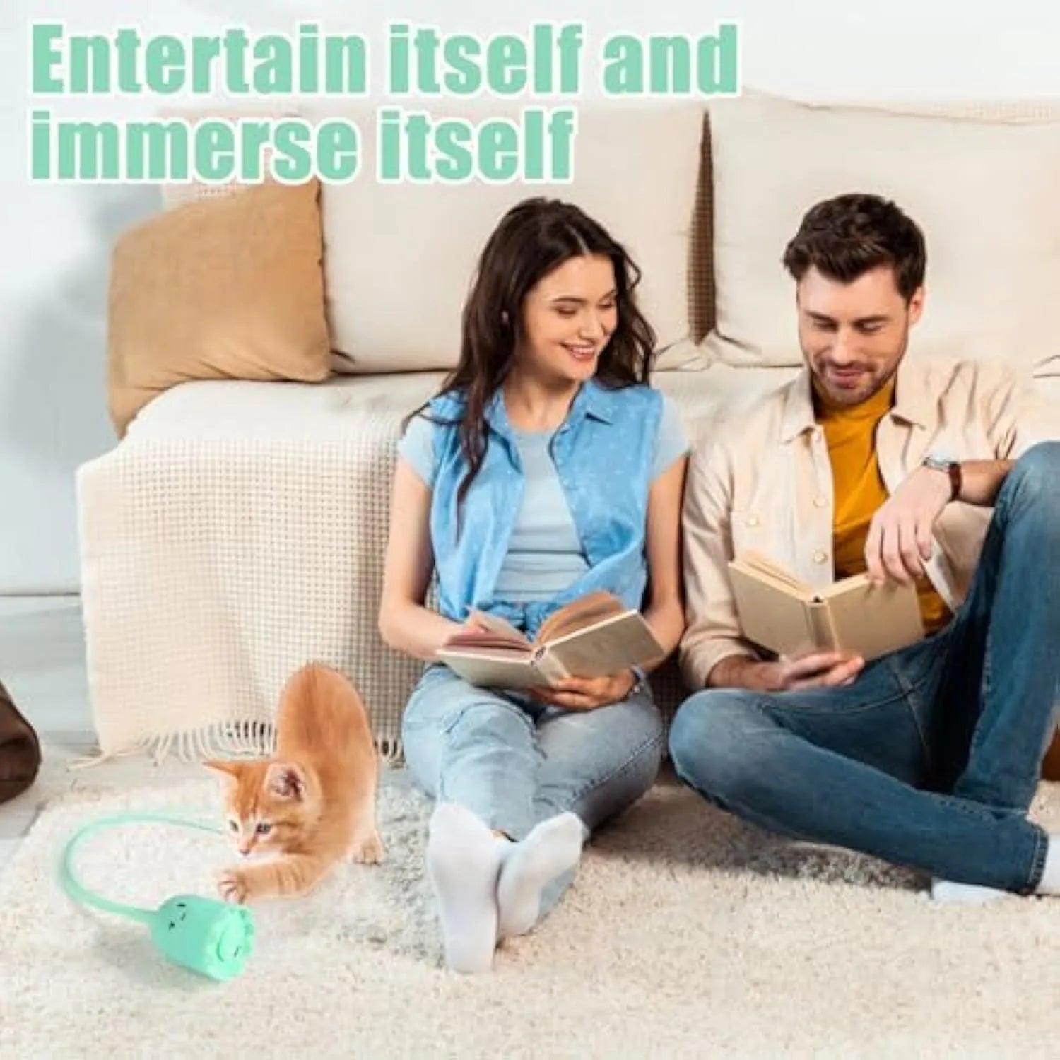 Green automatic cat toy with swinging silicone tails on a white surface