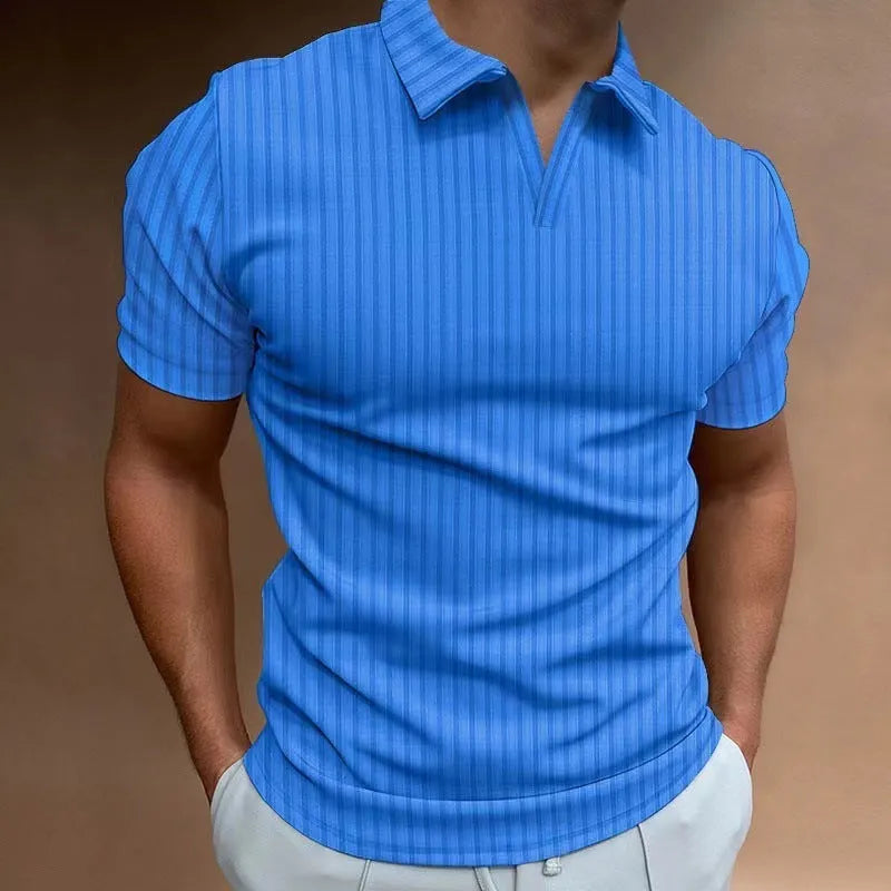 Men's striped V-neck polo shirt in light fabric for summer sports, shown in multiple colour options.