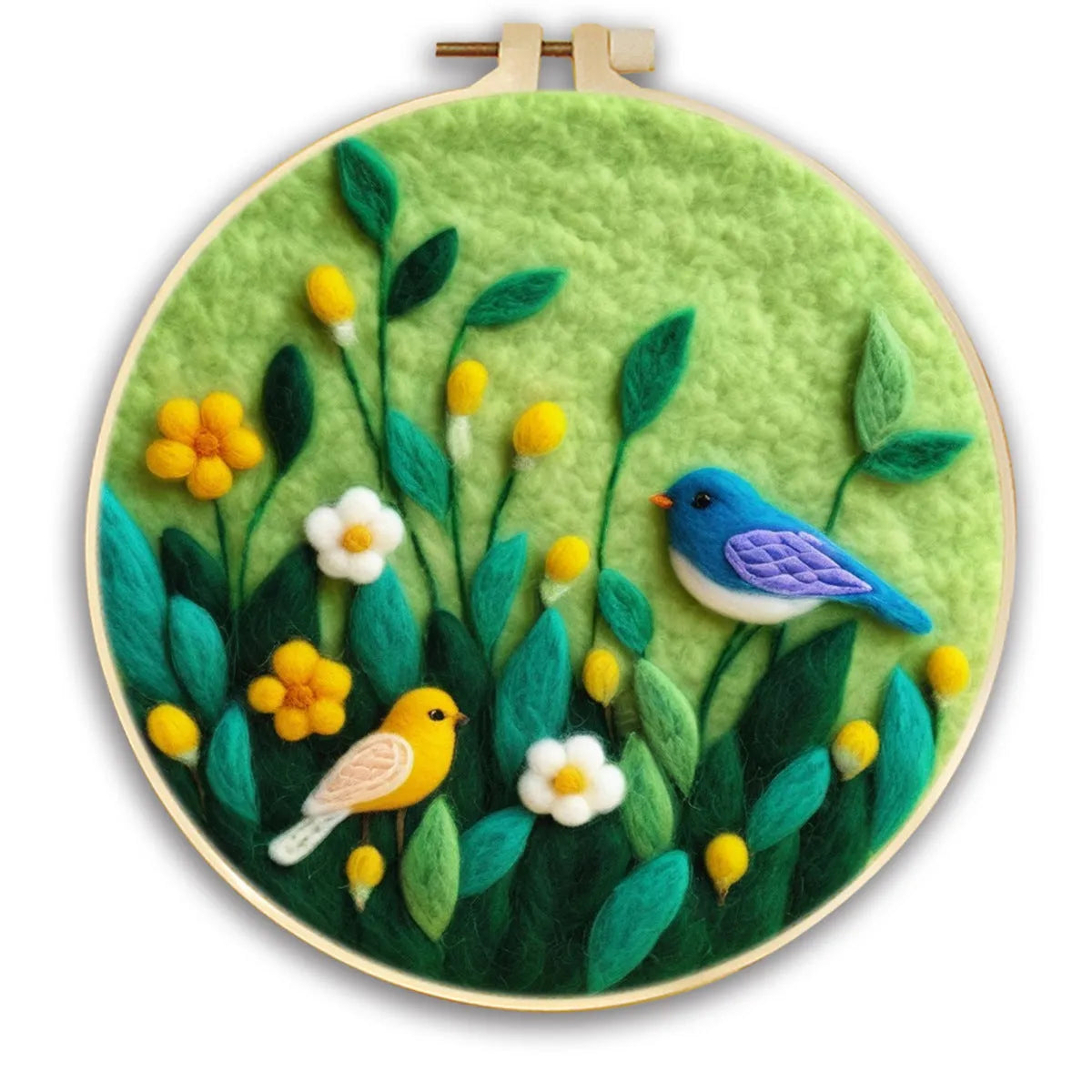 Round 20x20 cm linen embroidery kit with wool felt pieces for floral design and included embroidery frame.