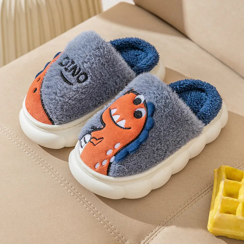 Plush cotton slippers with dinosaur designs and thickened sole for indoor couple use