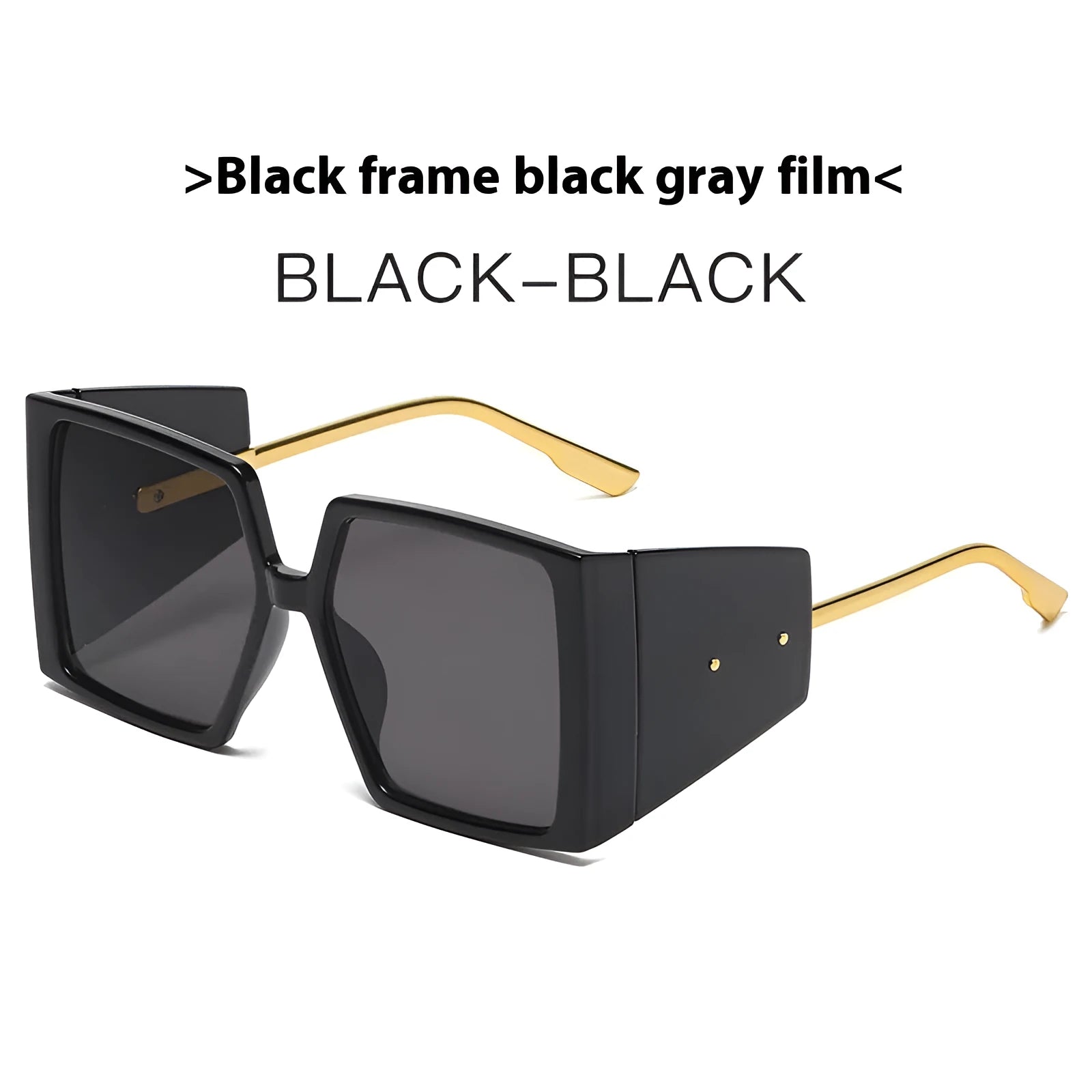Large square frame sunglasses showing seven colour options: black, blue, champagne, hawksbill, green, orange, and white
