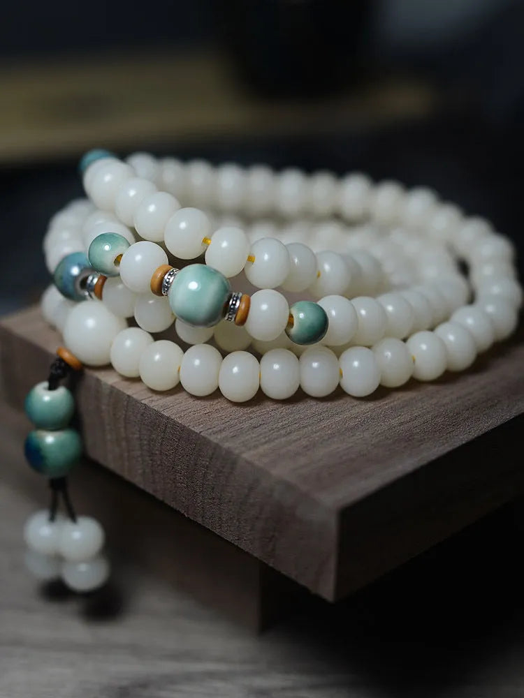 White jade Bodhi seed bracelet with 108 flat round beads in unisex national style