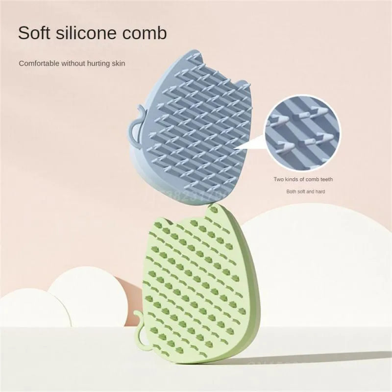 Blue silicone pet grooming comb with soft and hard bristle options for cats and dogs