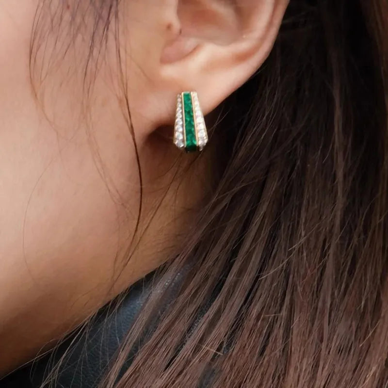 Women's geometric faux emerald clip-on earrings with round triangle design, inlaid zircon, yellow gold copper finish