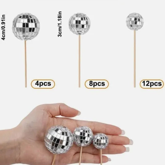 Glass disco ball cake decoration with wooden stick in multiple sizes for celebration cakes