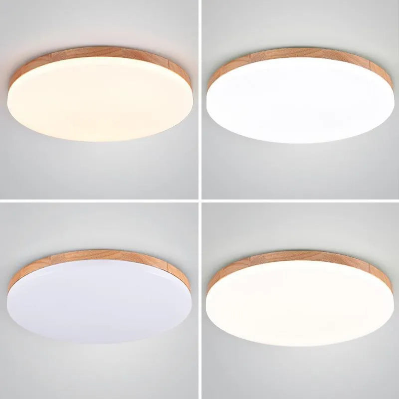 Japanese minimalist LED ceiling lamp with natural wood art body and acrylic lampshade in three size options