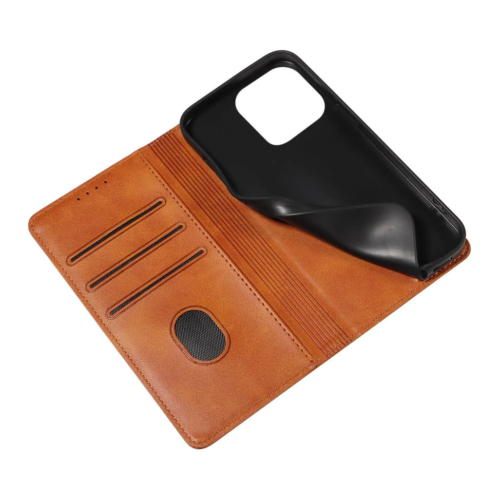 Faux leather magnetic flip phone case in brown with built-in bracket, compatible with iPhone