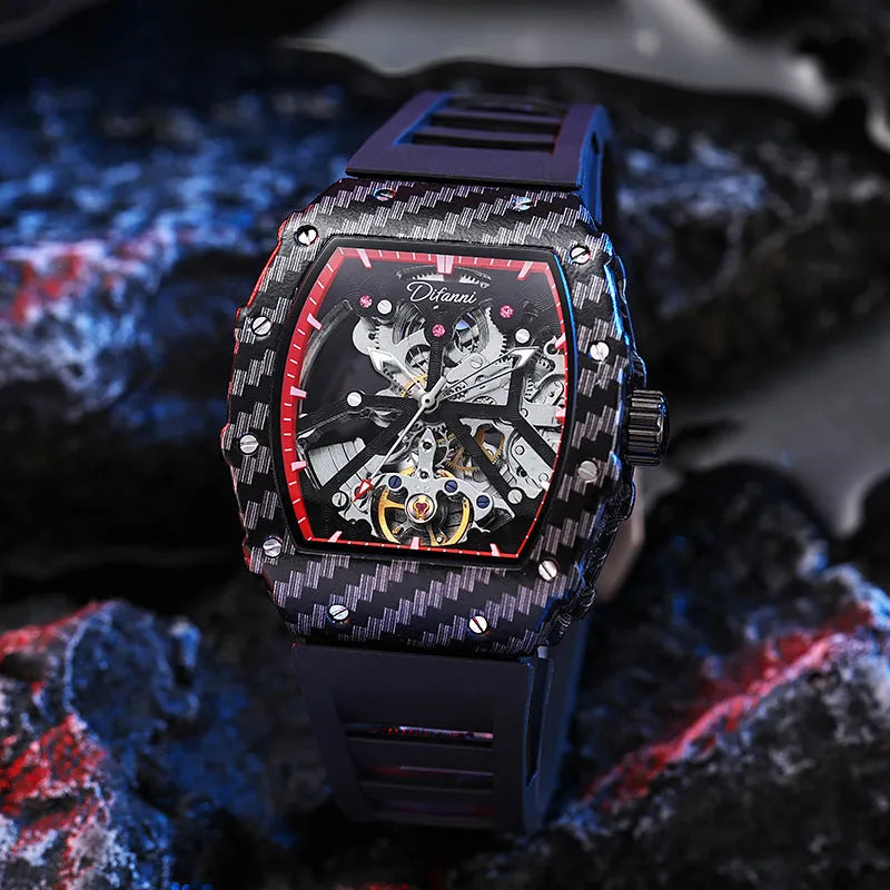 Mechanical waterproof men's watch with luminous display and rubber strap
