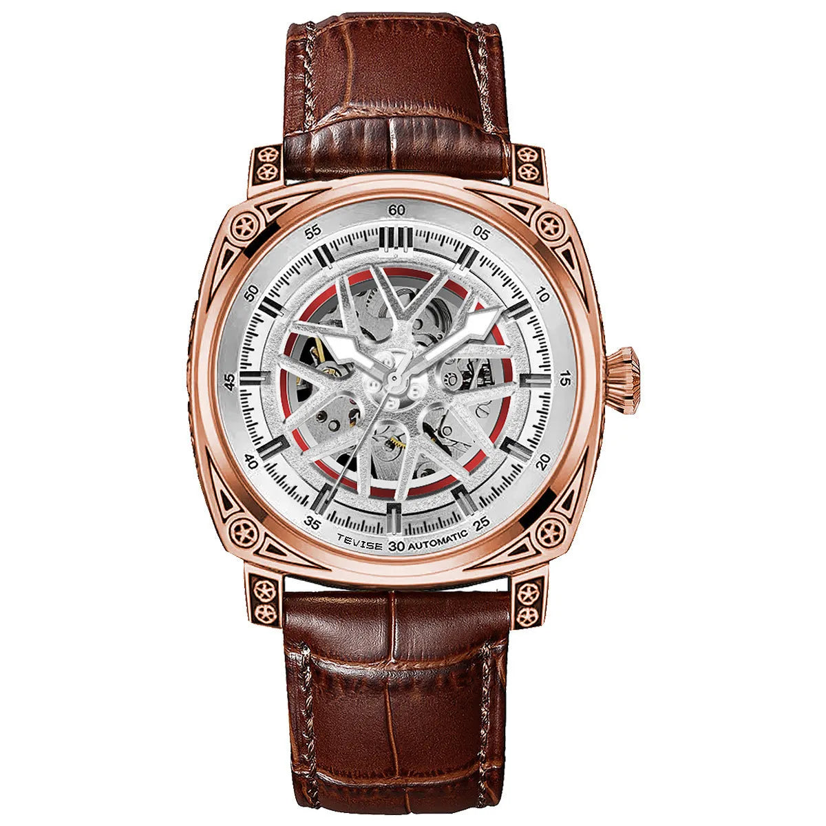Men's stainless steel automatic watch with a blue leather strap showing time on dial.