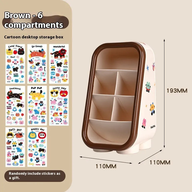 Cartoon-style red and brown plastic desktop storage box with grid compartments for organising pens and stationery.