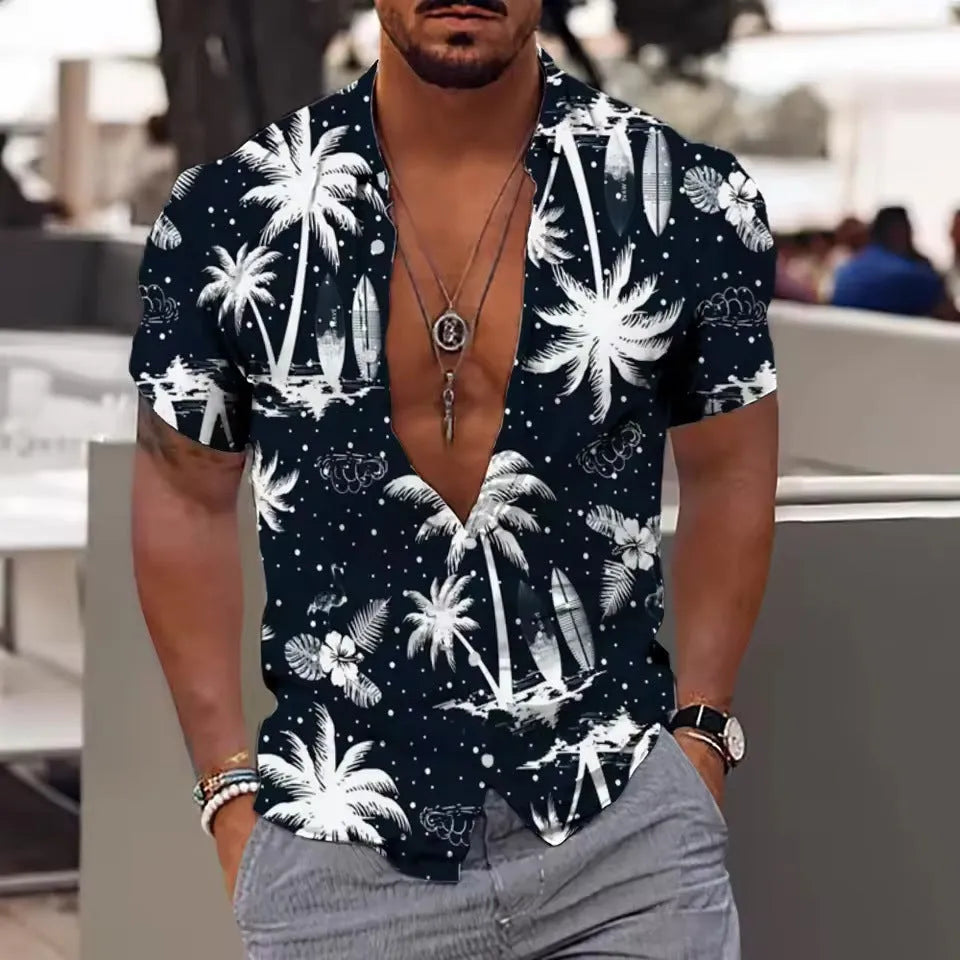 Man wearing a loose-fit short sleeve shirt with a colourful digital flower print pattern.