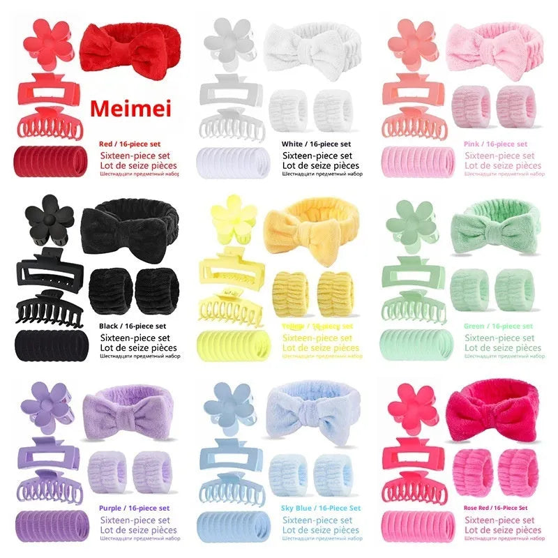 Bow-shaped washing face hair band with plaid pattern and wrist strap, assorted colours set of 16