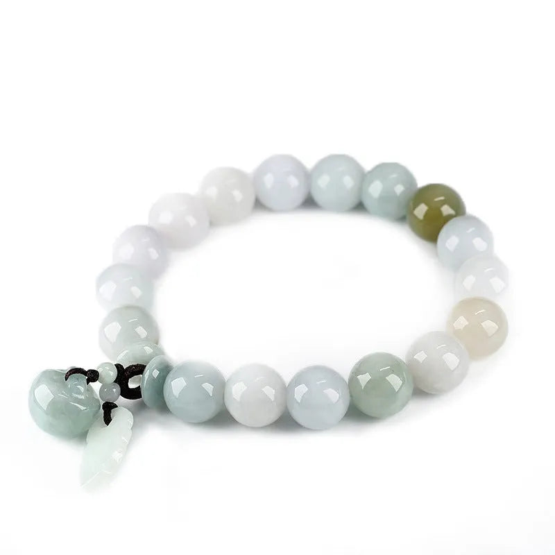 Green jade bracelet with geometric hanging beads and Maitreya Buddha charm