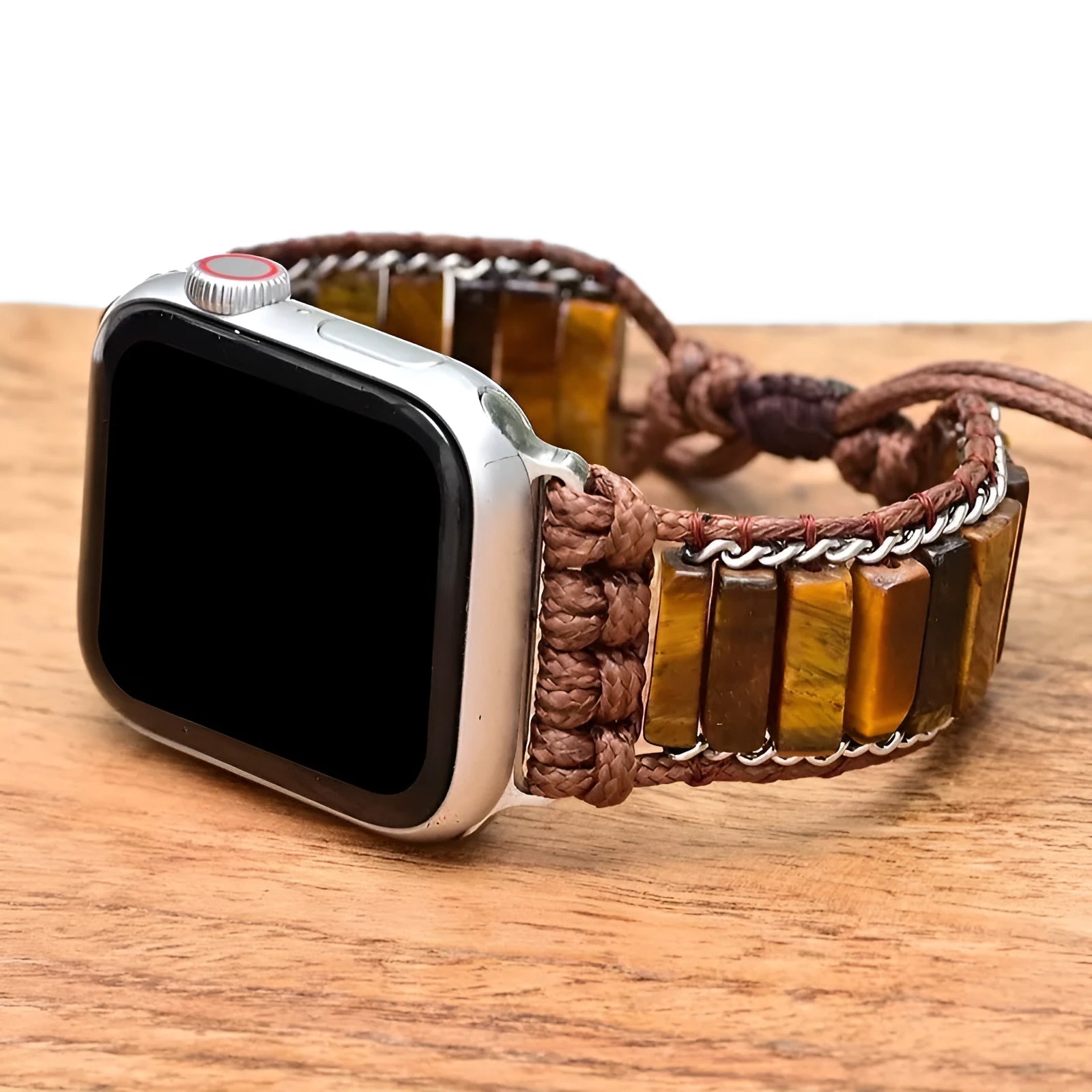 Men's adjustable textile watch strap with rectangular tiger eye stone, showing bohemian design and clasp detail.
