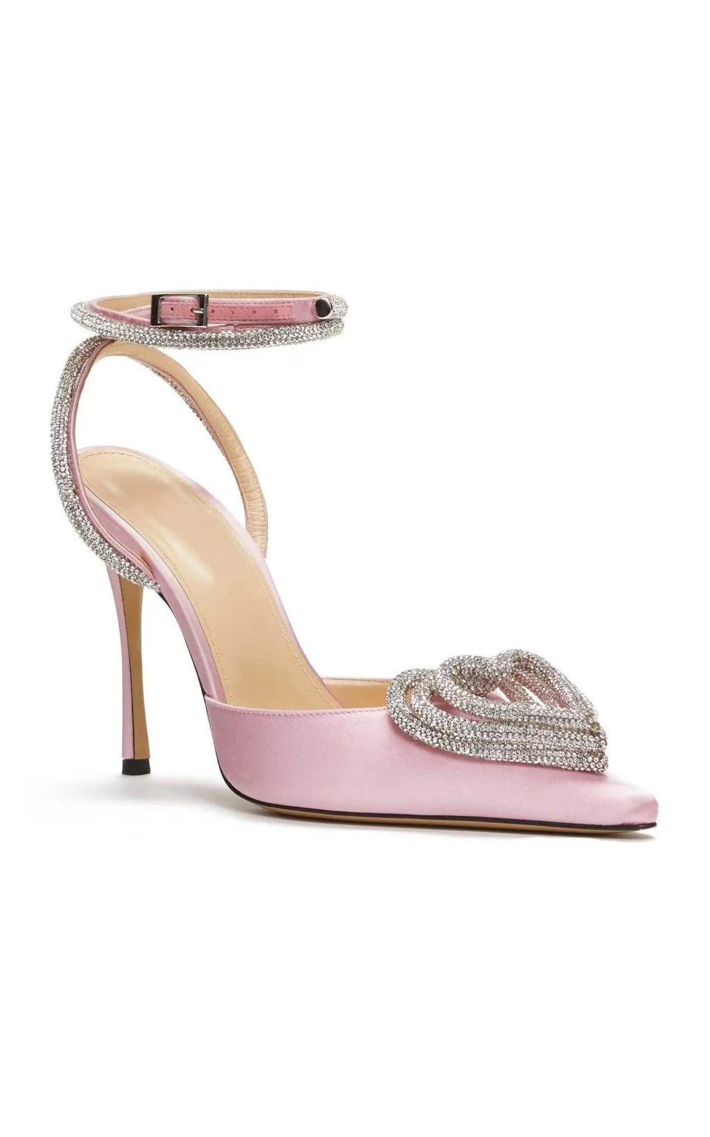Women's pink satin sandal with heart-shaped rhinestone detail on pointed toe and adjustable ankle strap.