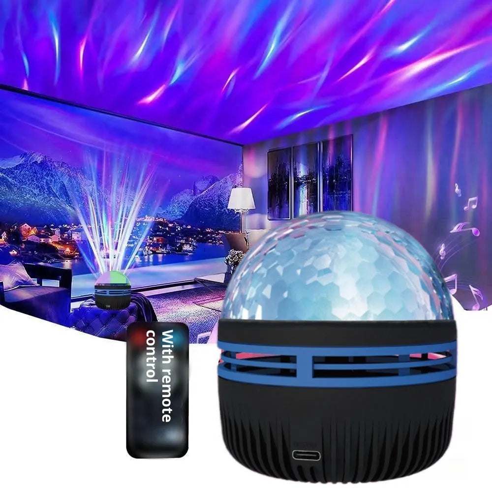 Fantasy Northern Lights projection star light with geometric PVC shade on a shelf