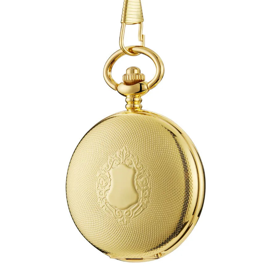 Retro hollow floral print mechanical pocket watch with transparent case back in gold colour.