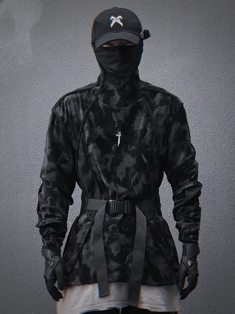 Men's black tie dye finger print turtleneck sweater with drop shoulders and loose casual fit