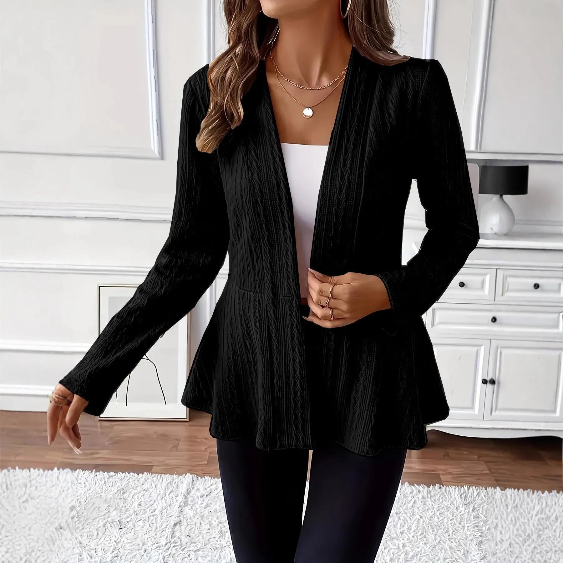 Women's apricot jacquard knit cardigan with single button front and regular long sleeves