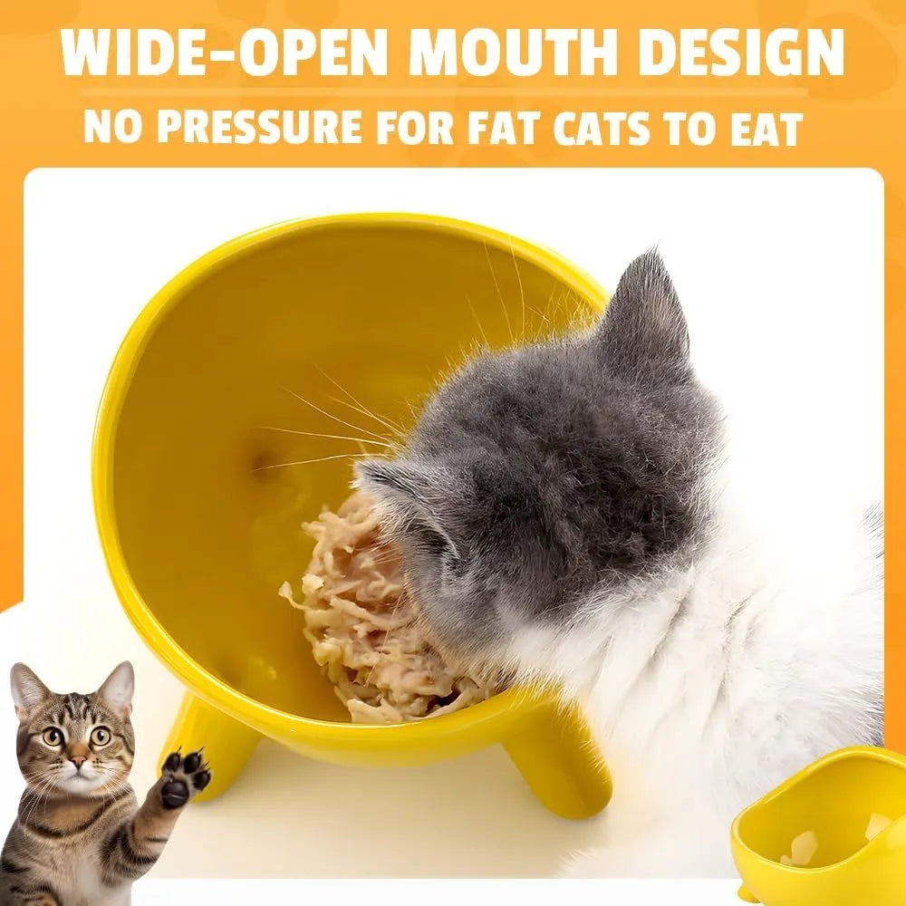Green four-legged ceramic cat food bowl for indoor pets with wide mouth design