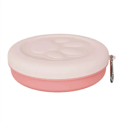 Portable dog bowl with removable lid in light pink and green colour options showing small and large size variants